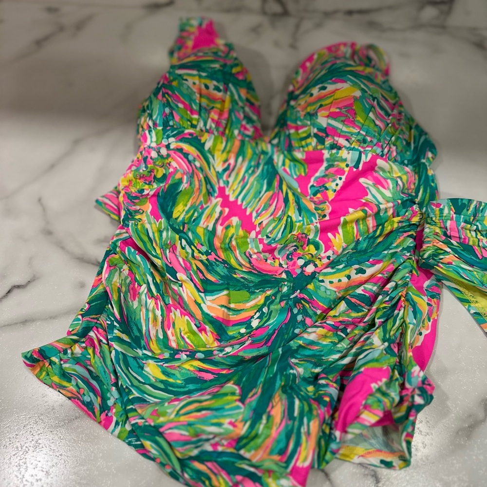 Vibrant Pink and Green Leaf Print Swimsuit